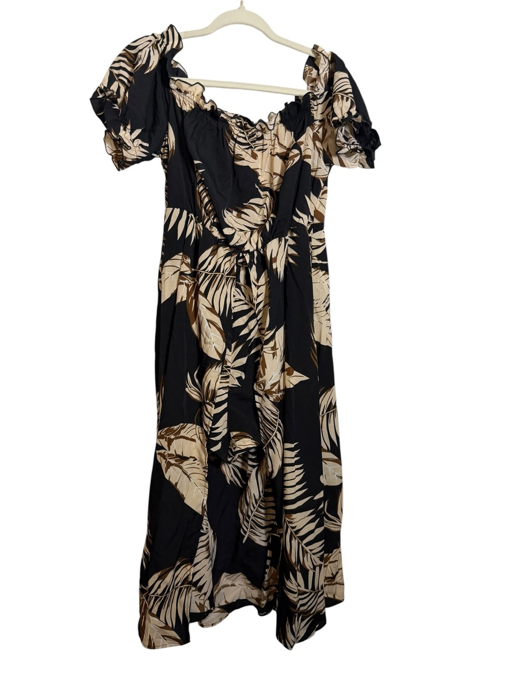 SHEIN Curve Black & Beige Tropical Print Off-Shoulder Romper with Maxi Skirt 1X